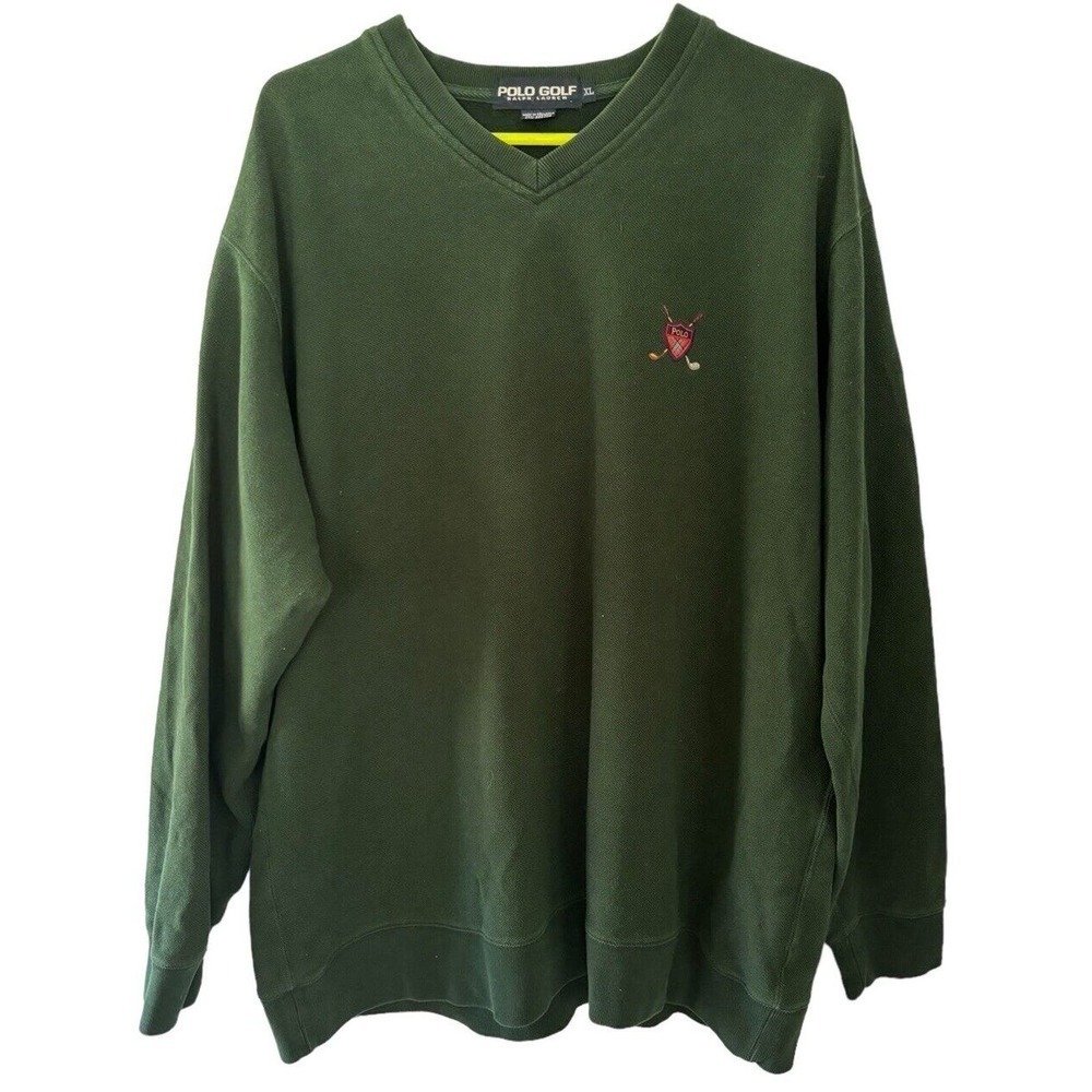 VTG Polo Golf Ralph Lauren Sweatshirt Mens XL Green Crest Golf Shield V Neck